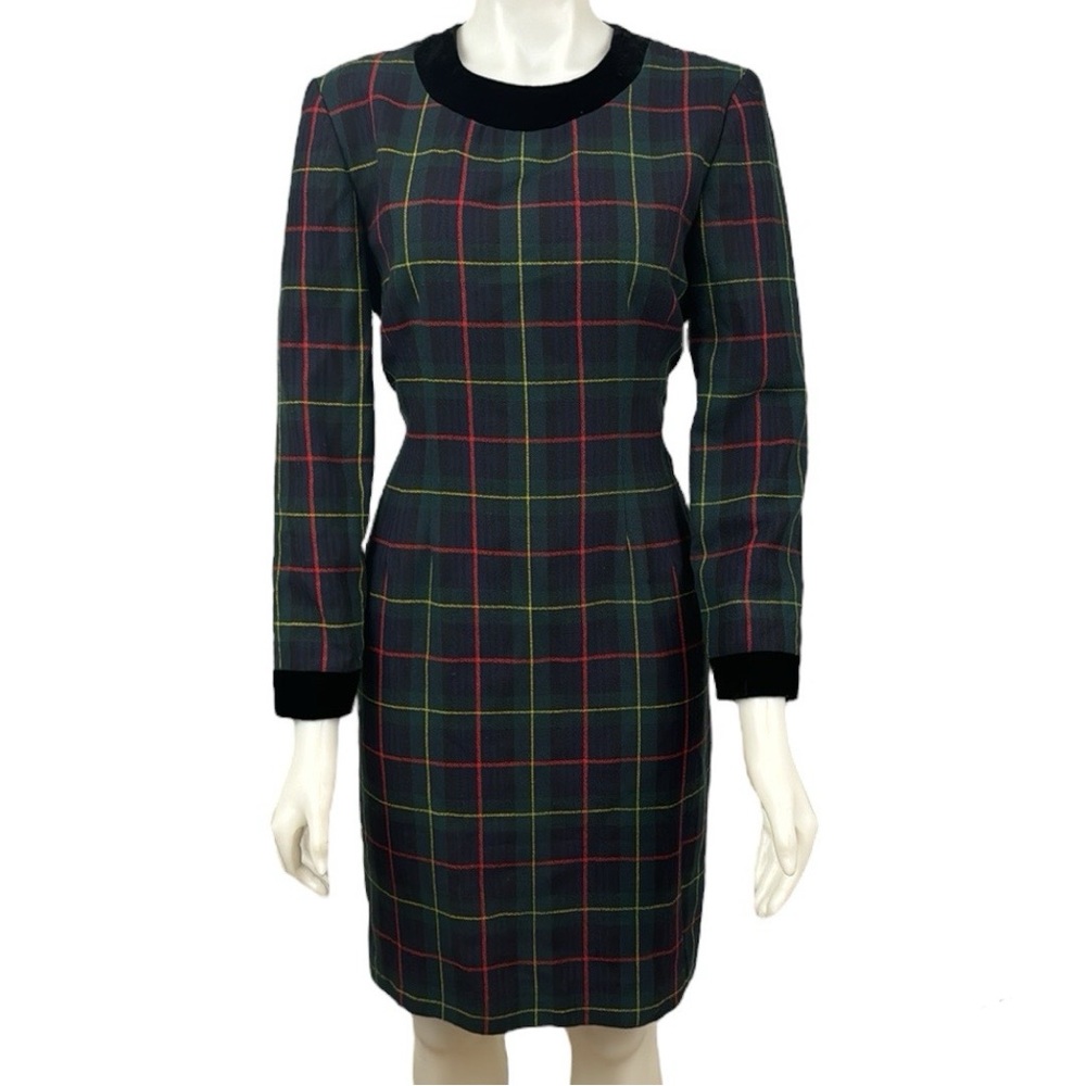 Women’s Long Sleeve Dress Plaid w/ Velvet Trim Vintage 1990s by Oberon Size 8
